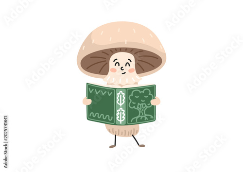Cute mushroom character reading a book. Smart champignon holding book, autumn school or children education illustration.