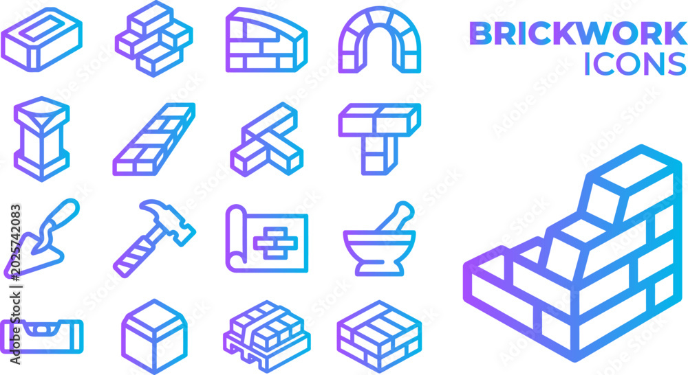 Fototapeta premium Brickwork icons for construction architecture building materials and masonry work tools brick patterns.