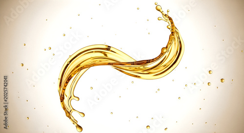 Liquid splash abstract shape isolated on light background, dynamic golden fluid wave motion art.