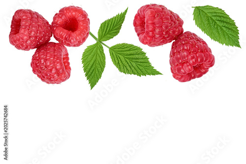 Ripe raspberries with leaf isolated on a white background. Top view with copy space for your text. Flat lay