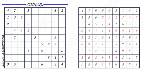 Schilderij op canvas Sudoku puzzle with solved and unsolved grids on white background