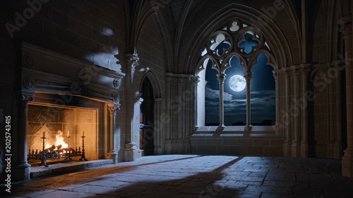 Mysterious gothic castle interior with fireplace and moonlight view