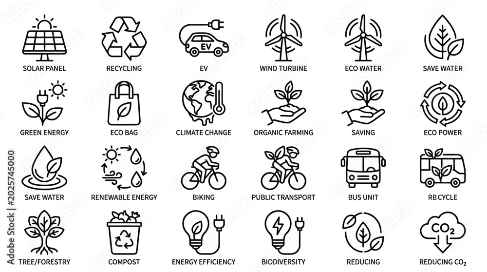 Fototapeta premium Set of Eco-friendly and Renewable Energy Icons for Sustainable Living and Environmental Protection Themes