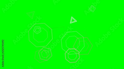 Various outlined geometric shapes, including octagons and triangles, float across a vibrant green screen background, perfect for chroma key effects.