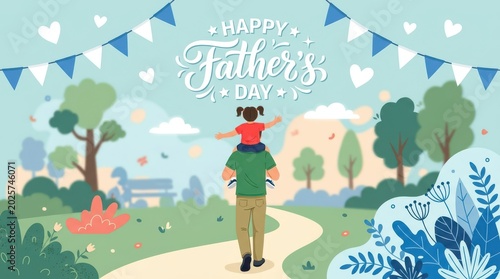 Happy fathers day illustration dad and child walking in park festive banner background