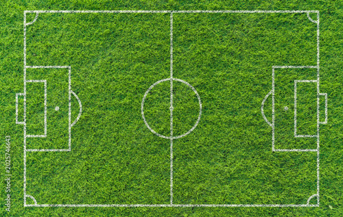 Top view soccer field with white line markings on green grass texture background