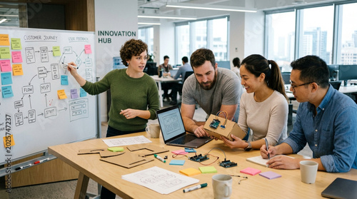Diverse team of professionals in a business meeting collaborating on innovative ideas and AI integration in a modern office setting