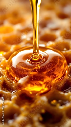 Vertical macro shot of golden honey stream creating a glossy puddle on organic honeycombs