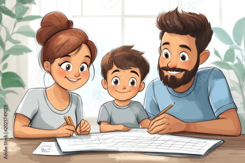 Family helping child with homework at dining table cartoon style