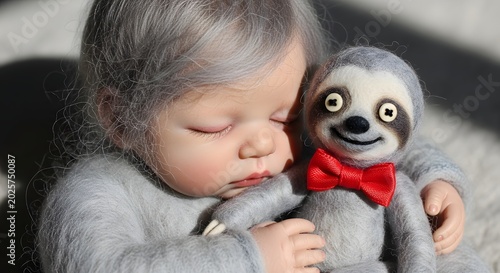 Sleeping Baby Hugging Cute Sloth Plush Toy Cozy Childhood Comfort Concept