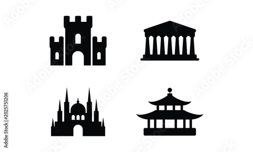Castle ancient temple mosque and oriental pagoda building icons.