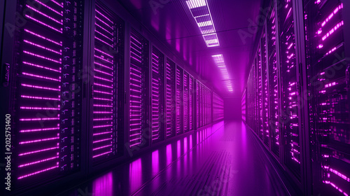 Modern data center server racks illuminated with vibrant purple lighting