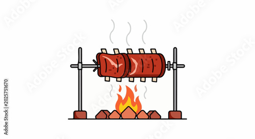 Rotisserie cooking of ribs over an open fire, emitting steam