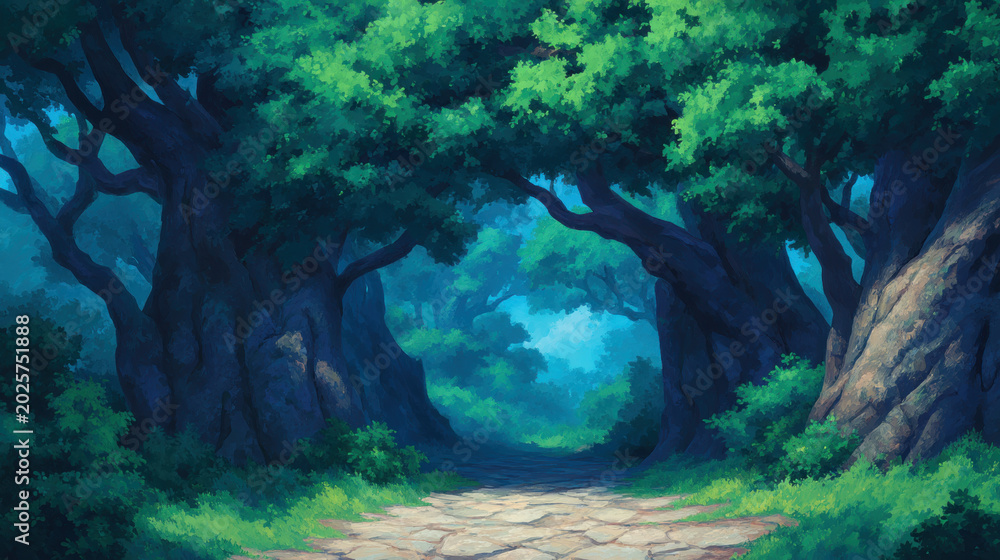 Fototapeta premium Ancient tree fantasy forest enchanted woodland forest path green foliage magical landscape mystical nature scene serene atmosphere