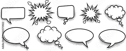 A diverse set of empty speech and thought bubbles in various comic book styles, perfect for adding dialogue or ideas to graphic designs.
