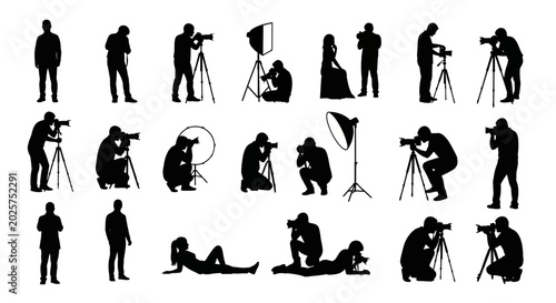 A collection of diverse black silhouettes of photographers in various poses, using professional camera equipment and lighting setups. Ideal for photography and media concepts.