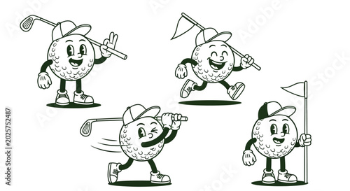 A collection of vintage-style golf ball characters in various poses, playing golf, swinging a club, and running with a flag. Retro cartoon mascot illustration.