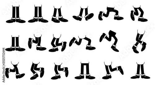 Collection of cartoon character leg poses for animation, showing different walking and standing positions in black and white silhouette.