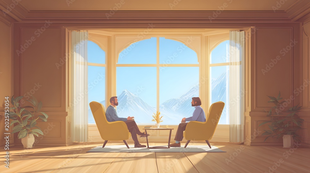 Fototapeta premium Two people in a calm minimalist room during a coaching session. Professional mentor and client discussing career goals. Supportive environment for mental health and business consultation.