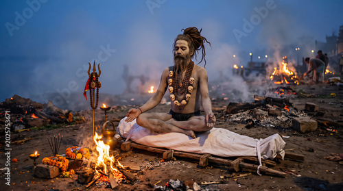 Aghori Sadhu Sitting in Meditation at 
Cremation Ghat During Blue Hour, Varanasi 
Hindu Ascetic Spiritual Night Art