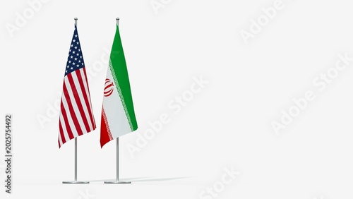 United States and Iran flags on metal stands isolated on white background with copy space