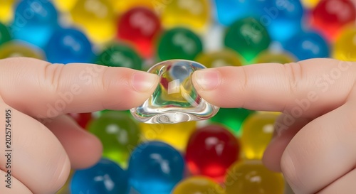 Transparent Crystal Water Bead Held Between Fingers with Colorful Background