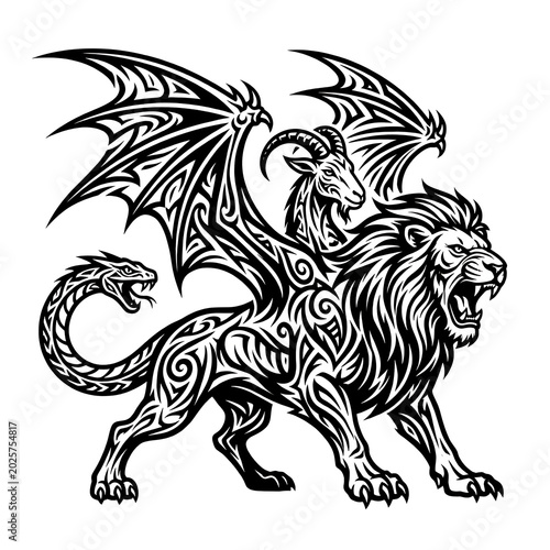 Schilderij op canvas Tribal chimera beast illustration with lion head, dragon wings and serpent tail