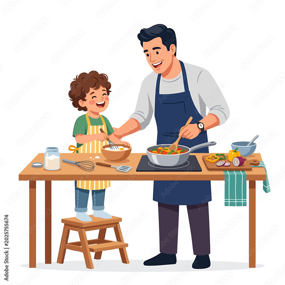 Fototapeta premium Happy father and son cooking together in a bright kitchen, preparing a healthy meal on a wooden table with fresh ingredients and utensils, capturing a moment of family bonding and shared activity
