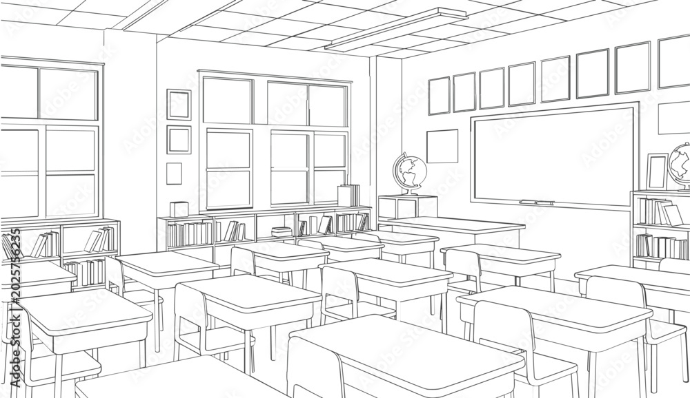 Fototapeta premium Empty classroom interior outline illustration, school education learning space vector isolated architectural design element