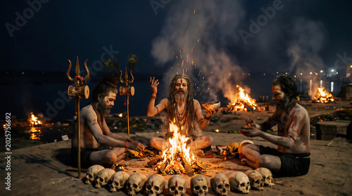 Group of Aghori Sadhus Sitting Around Sacred 
Fire with Trishuls at Night, Hindu Tantric 
Ritual Varanasi Spiritual Art