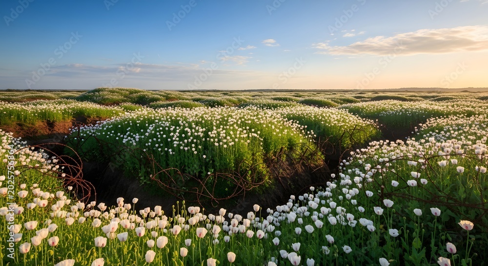 Fototapeta premium Beautiful White Wildflower Meadow with Heart Shaped Path at Sunset