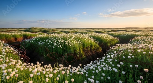 Beautiful White Wildflower Meadow with Heart Shaped Path at Sunset