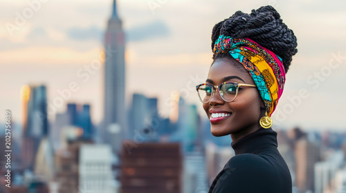 Radiant Black woman with vibrant headwrap and stylish glasses, smiling confidently with elegant braids, overlooking modern metropolitan cityscape at sunset.