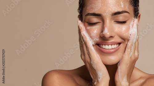 Smiling woman cleanses face with soapy foam. Healthy skin portrait captures morning skincare ritual joy. Soap foam fresh beauty for beauty routine