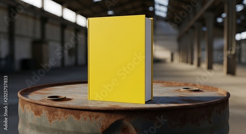 Blank Yellow Book on Rusty Barrel in Abandoned Warehouse.