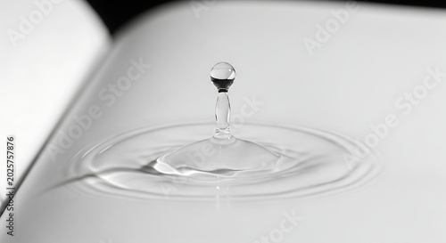 Close-up of a single water drop falling into clear water creating ripples on a white surface.