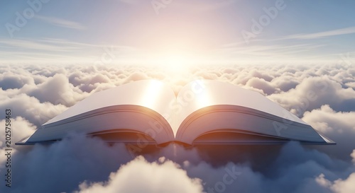Open book floating in the clouds with bright sunlight shining through the pages.