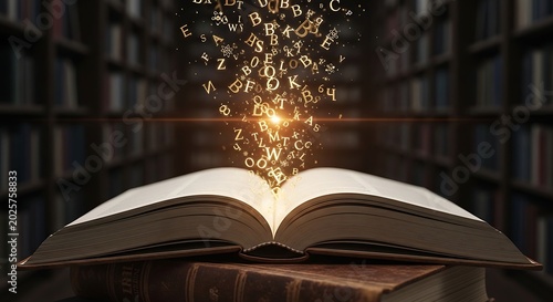 Open Book with Letters Floating Out in Library Setting.