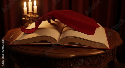 Open book with red cloth and candles on a wooden table, atmospheric lighting.