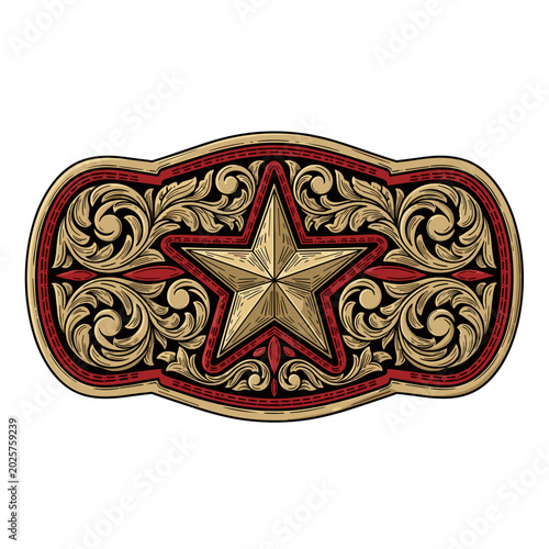 Ornate Western Belt Buckle with Star and Red Accents
