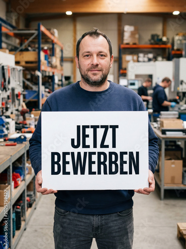 Bärtiger Mann im blauen Pullover hält Schild Jetzt Bewerben in Industriehalle mit Kollegen – Recruiting für Industriebetrieb
