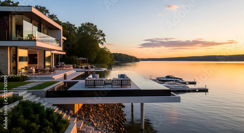 Modern house with lake dock boats.