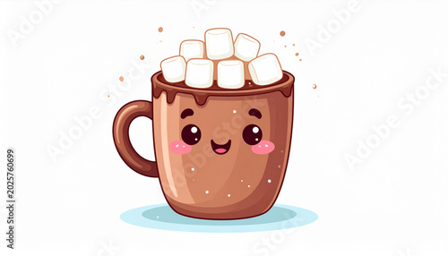 Cute Hot Chocolate Mug Character Vector with Kawaii Winter Drink Mascot