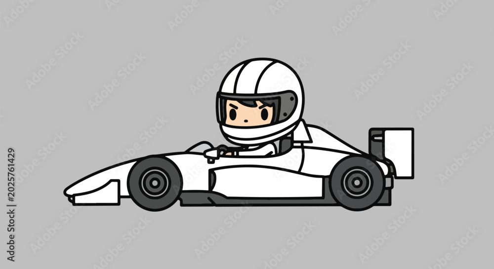Fototapeta premium Cute Cartoon Racing Car Driver in White F1 Vehicle.