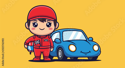 Cute Racer Boy and Blue Car Vector Art.