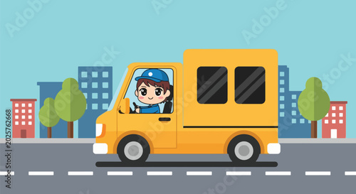 Delivery Van Driver Driving Yellow Truck City Street Transportation.