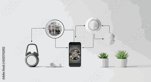 Smart Home Automation System Diagram with Devices and Mobile App.