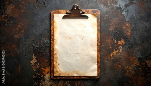 An ancient wooden door with a vintage metal frame stands against a grunge brown wall texture featuring aged paper borders and a blank antique surface design