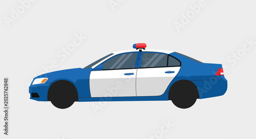 Blue and White Police Car with Flashing Lights.