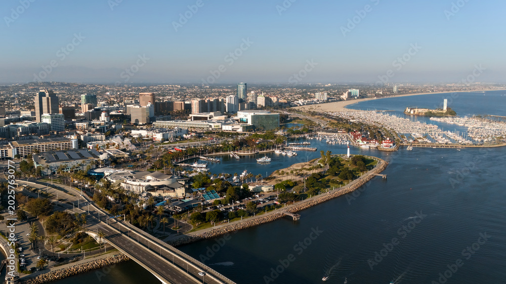 Fototapeta premium Drone view of Long Beach California skyline with waterfront bay and city